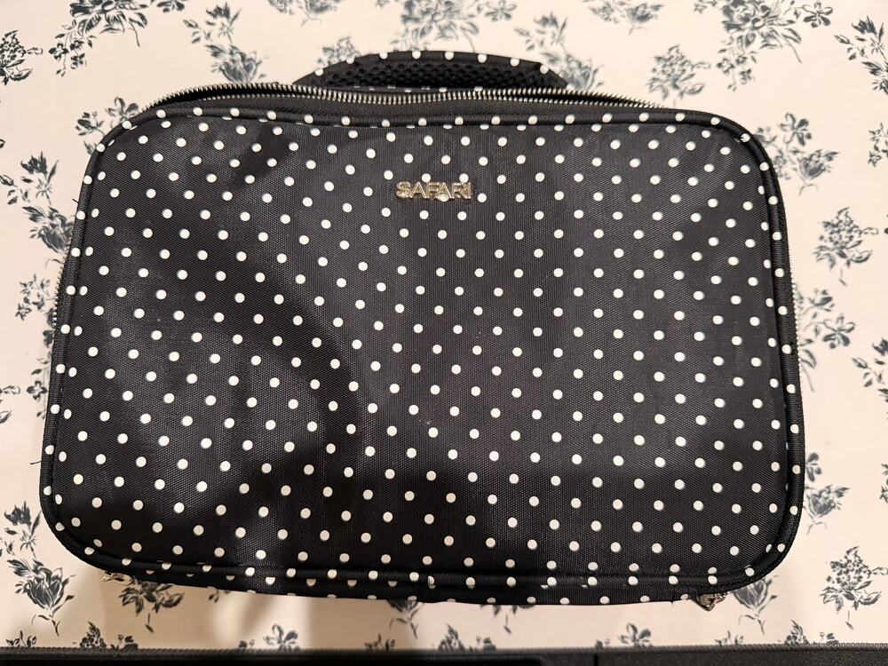SAFARI Black White Polka Dot Travel Makeup Case Zip Dividers Cosmetic Organizer